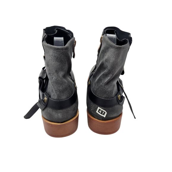 Retro Round Toe Ankle Combat Boots Faux Leather Side Zip Pull On Gray Size 41 - Picture 8 of 11
